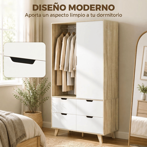 HOMCOM Roupeiro Moderno com Portas de Correr, Varão, Prateleiras Ajustáveis e 4 Gavetas, 120x50x187,5 cm, Carvalho e Branco HOMCOM Roupeiro Moderno com Portas de Correr, Varão, Prateleiras Ajustáveis e 4 Gavetas, 120x50x187,5 cm, Carvalho e Branco