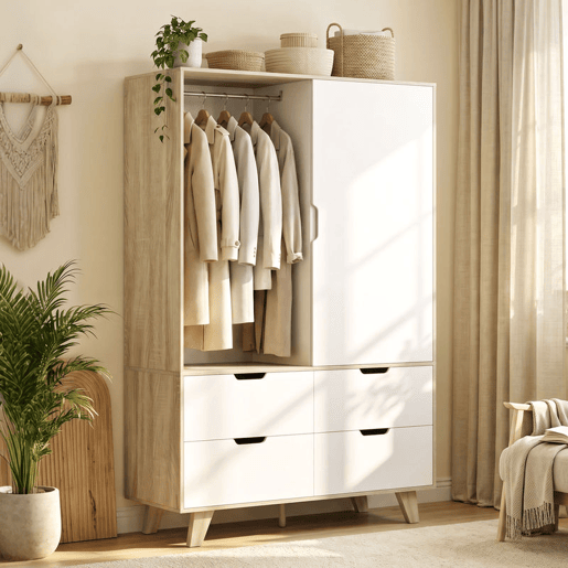 HOMCOM Roupeiro Moderno com Portas de Correr, Varão, Prateleiras Ajustáveis e 4 Gavetas, 120x50x187,5 cm, Carvalho e Branco HOMCOM Roupeiro Moderno com Portas de Correr, Varão, Prateleiras Ajustáveis e 4 Gavetas, 120x50x187,5 cm, Carvalho e Branco