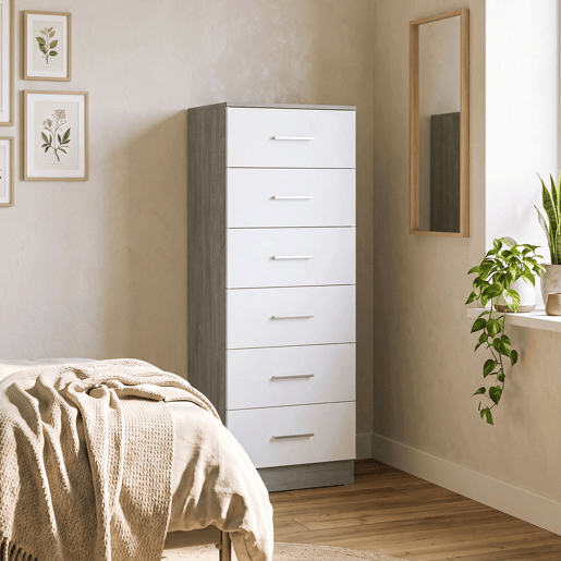 HOMCOM Cómoda de 6 Gavetas, Cómoda Alta e Estreita para Quarto, Sala, Quarto de Vestir ou Entrada, 40x40x110 cm, Cinza-claro e Branco HOMCOM Cómoda de 6 Gavetas, Cómoda Alta e Estreita para Quarto, Sala, Quarto de Vestir ou Entrada, 40x40x110 cm, Cinza-claro e Branco
