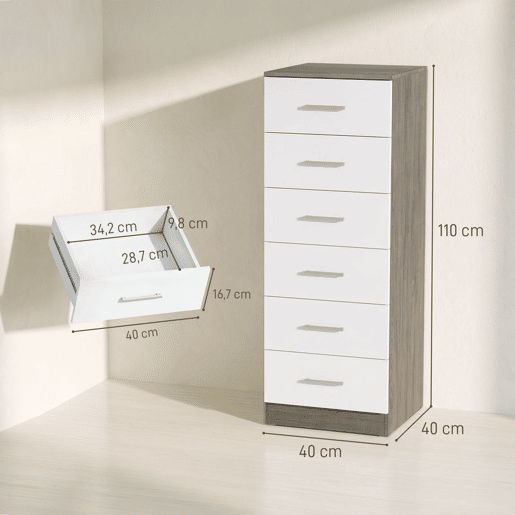 HOMCOM Cómoda de 6 Gavetas, Cómoda Alta e Estreita para Quarto, Sala, Quarto de Vestir ou Entrada, 40x40x110 cm, Cinza-claro e Branco HOMCOM Cómoda de 6 Gavetas, Cómoda Alta e Estreita para Quarto, Sala, Quarto de Vestir ou Entrada, 40x40x110 cm, Cinza-claro e Branco
