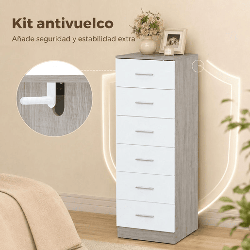 HOMCOM Cómoda de 6 Gavetas, Cómoda Alta e Estreita para Quarto, Sala, Quarto de Vestir ou Entrada, 40x40x110 cm, Cinza-claro e Branco HOMCOM Cómoda de 6 Gavetas, Cómoda Alta e Estreita para Quarto, Sala, Quarto de Vestir ou Entrada, 40x40x110 cm, Cinza-claro e Branco