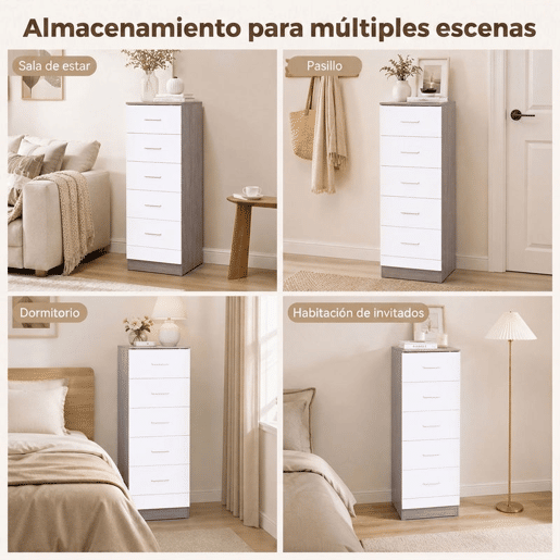 HOMCOM Cómoda de 6 Gavetas, Cómoda Alta e Estreita para Quarto, Sala, Quarto de Vestir ou Entrada, 40x40x110 cm, Cinza-claro e Branco HOMCOM Cómoda de 6 Gavetas, Cómoda Alta e Estreita para Quarto, Sala, Quarto de Vestir ou Entrada, 40x40x110 cm, Cinza-claro e Branco