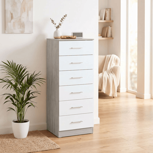 HOMCOM Cómoda de 6 Gavetas, Cómoda Alta e Estreita para Quarto, Sala, Quarto de Vestir ou Entrada, 40x40x110 cm, Cinza-claro e Branco HOMCOM Cómoda de 6 Gavetas, Cómoda Alta e Estreita para Quarto, Sala, Quarto de Vestir ou Entrada, 40x40x110 cm, Cinza-claro e Branco