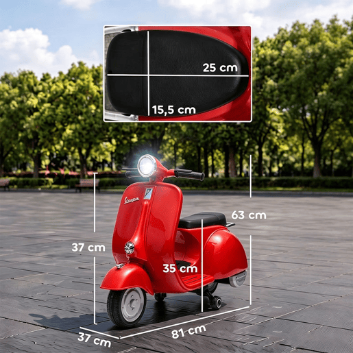 AIYAPLAY Mota Elétrica Infantil VESPA 6V com Rodas de Apoio, Luz, Música e USB - Vermelho AIYAPLAY Mota Elétrica Infantil VESPA 6V com Rodas de Apoio, Luz, Música e USB - Vermelho