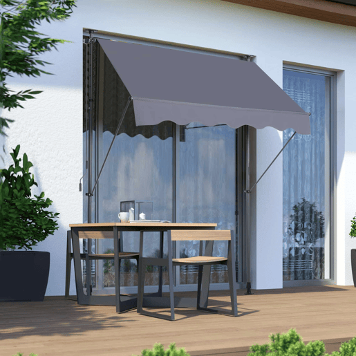 Toldo com braço articulado 200 x 120 cm - ajustável em altura, sem necessidade de perfuração, com manivela, proteção UV - Cinzento Toldo com braço articulado 200 x 120 cm - ajustável em altura, sem necessidade de perfuração, com manivela, proteção UV - Cinzento