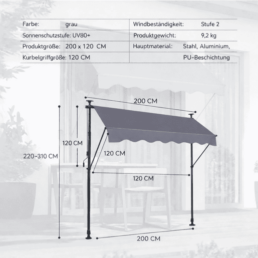 Toldo com braço articulado 200 x 120 cm - ajustável em altura, sem necessidade de perfuração, com manivela, proteção UV - Cinzento Toldo com braço articulado 200 x 120 cm - ajustável em altura, sem necessidade de perfuração, com manivela, proteção UV - Cinzento