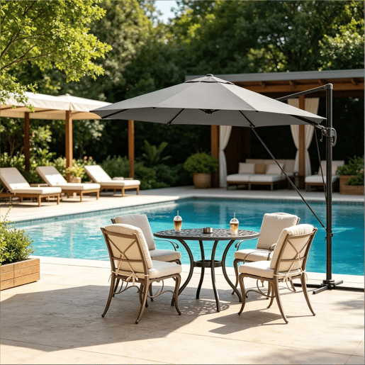 Guarda-sol de jardim 306 x 167 x 207 cm - redondo, com base em cruz de aço, para exterior e varanda - cinzento escuro Guarda-sol de jardim 306 x 167 x 207 cm - redondo, com base em cruz de aço, para exterior e varanda - cinzento escuro