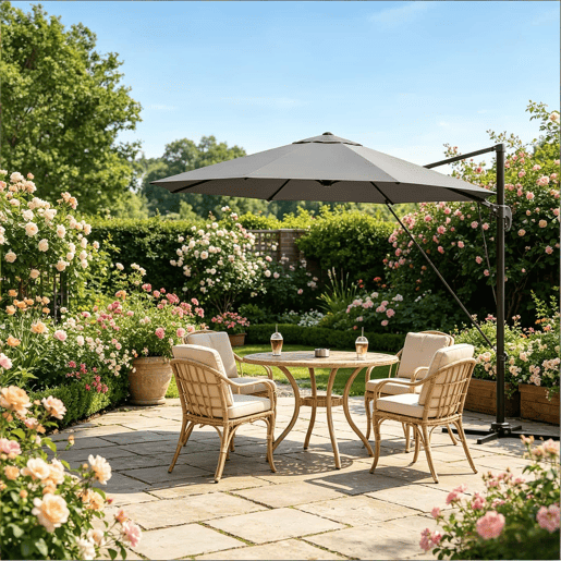 Guarda-sol de jardim 306 x 167 x 207 cm - redondo, com base em cruz de aço, para exterior e varanda - cinzento escuro Guarda-sol de jardim 306 x 167 x 207 cm - redondo, com base em cruz de aço, para exterior e varanda - cinzento escuro
