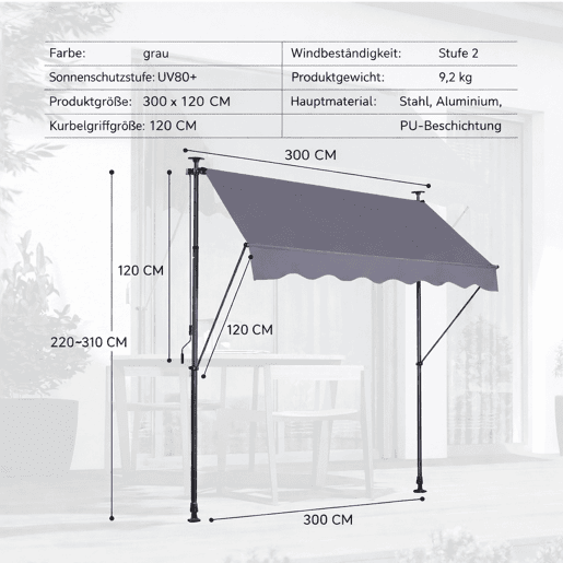Toldo para varanda 300 x 120 cm - ajustável em altura, sem necessidade de perfuração, com manivela, proteção UV para exterior - Cinzento Toldo para varanda 300 x 120 cm - ajustável em altura, sem necessidade de perfuração, com manivela, proteção UV para exterior - Cinzento