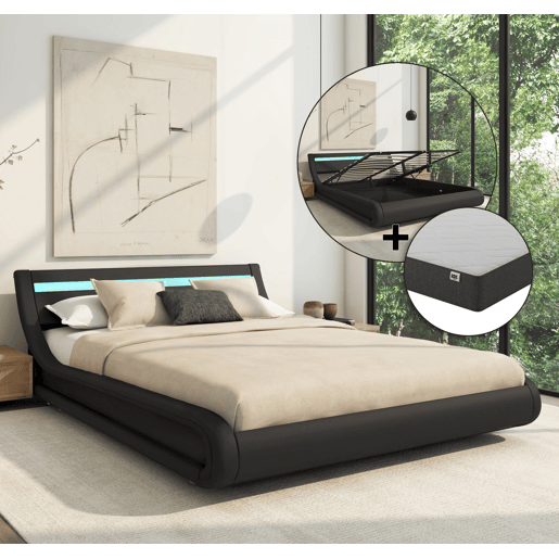 Cama com estrado e Colchão Quarto de dormir Preto 214x157x65 LED Parisina Muebles Bonitos Cama com estrado e Colchão Quarto de dormir Preto 214x157x65 LED Parisina Muebles Bonitos