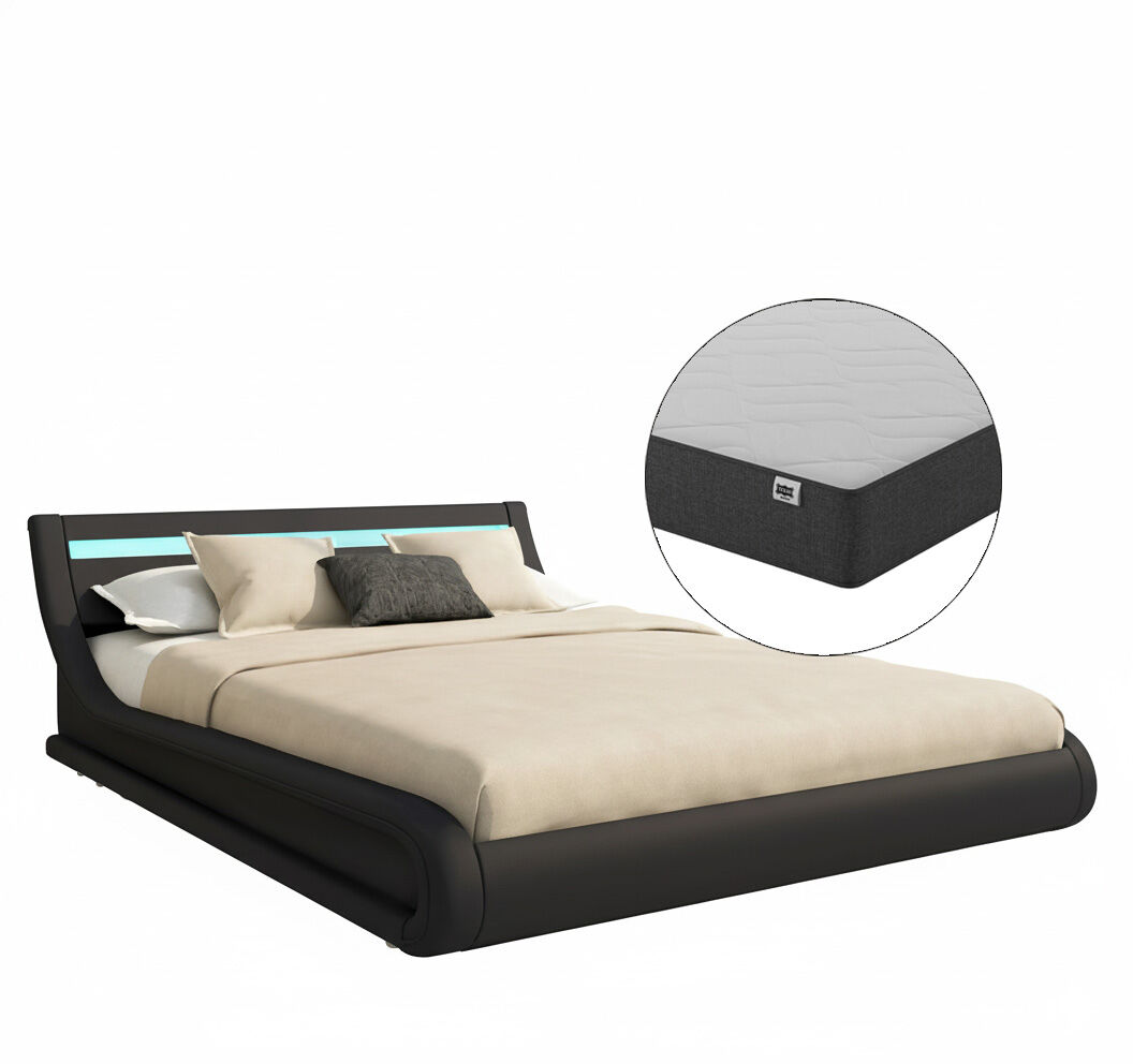 Cama de matrimonio con canapé y colchón dormitorio negro 214x167x65 led parisina muebles bonitos