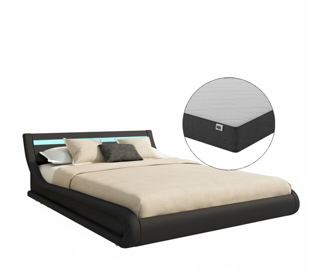 Cama de matrimonio con canapé y colchón dormitorio negro 214x167x65 led parisina muebles bonitos