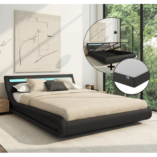 Cama com estrado e Colchão Quarto de dormir Preto 214x167x65 LED Parisina Muebles Bonitos Cama com estrado e Colchão Quarto de dormir Preto 214x167x65 LED Parisina Muebles Bonitos