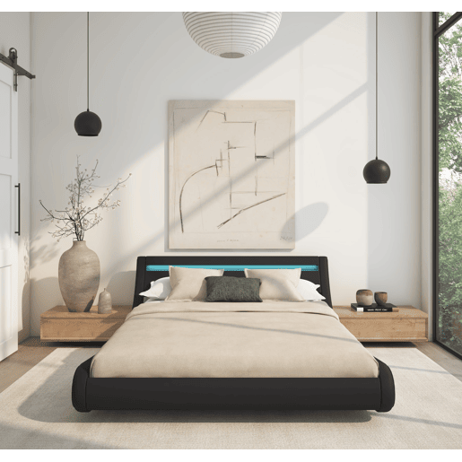 Cama com estrado e Colchão Quarto de dormir Preto 214x167x65 LED Parisina Muebles Bonitos Cama com estrado e Colchão Quarto de dormir Preto 214x167x65 LED Parisina Muebles Bonitos