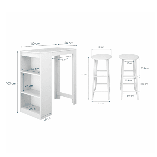 Mesa alta com banquetas Cozinha Sala de jantar Branco 110x50x103 Kyra Muebles Bonitos