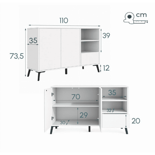 Aparador Sala de estar e jantar Branco 110x35x73,5 2 portas 1 gaveta Iris Muebles Bonitos Aparador Sala de estar e jantar Branco 110x35x73,5 2 portas 1 gaveta Iris Muebles Bonitos