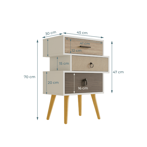 Mesa de cabeceira Quarto de dormir Multicolorido 52x29,5x68 3 gavetas Leticia Muebles Bonitos