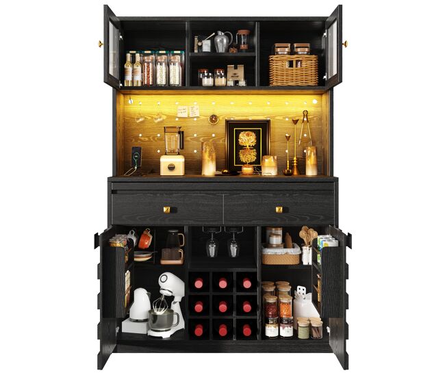 Armario de cocina de mdf con 4 puertas,2 cajones y luz led,negro