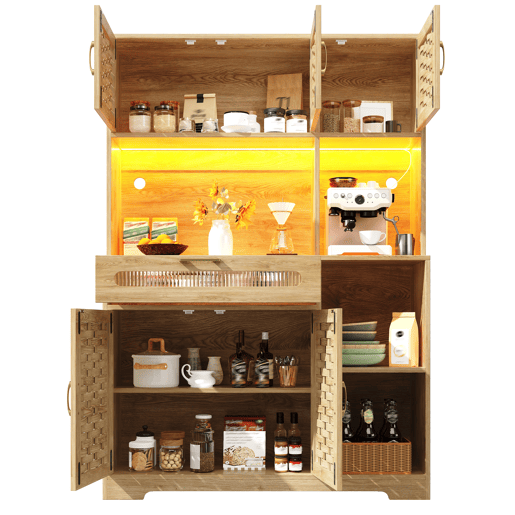 Armário de cozinha de mdf com 5 portas,1 gaveta e luz led,natural