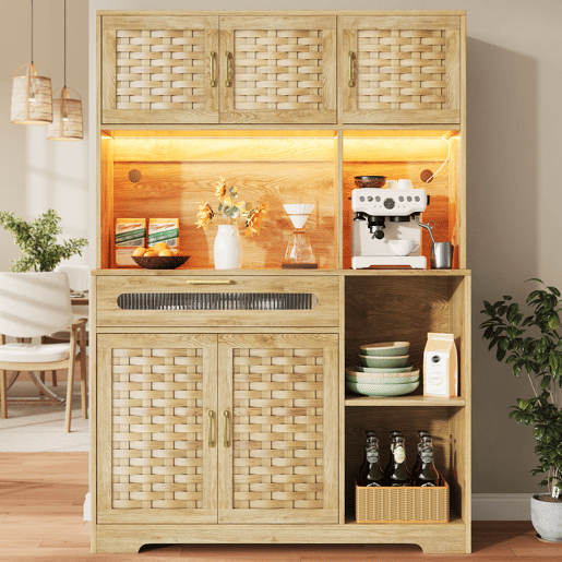 Armário de cozinha de mdf com 5 portas,1 gaveta e luz led,natural