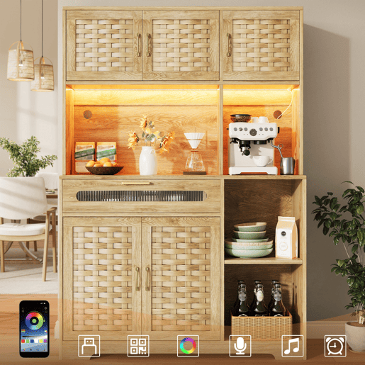 Armário de cozinha de mdf com 5 portas,1 gaveta e luz led,natural