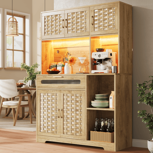 Armário de cozinha de mdf com 5 portas,1 gaveta e luz led,natural