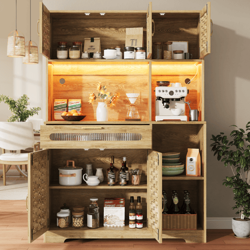 Armário de cozinha de mdf com 5 portas,1 gaveta e luz led,natural