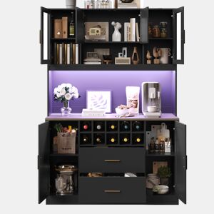 Armário de cozinha de mdf com 6 portas,2 gavetas e luz led,preto