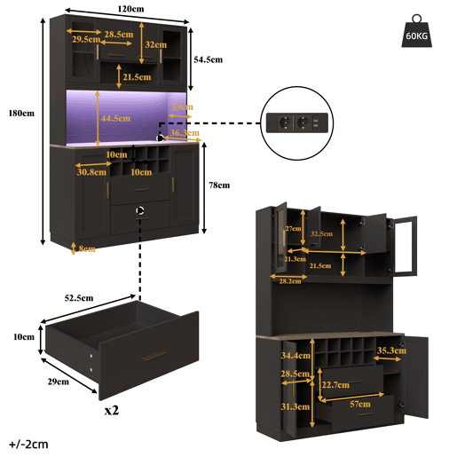 Armário de cozinha de mdf com 6 portas,2 gavetas e luz led,preto Armário de cozinha de mdf com 6 portas,2 gavetas e luz led,preto