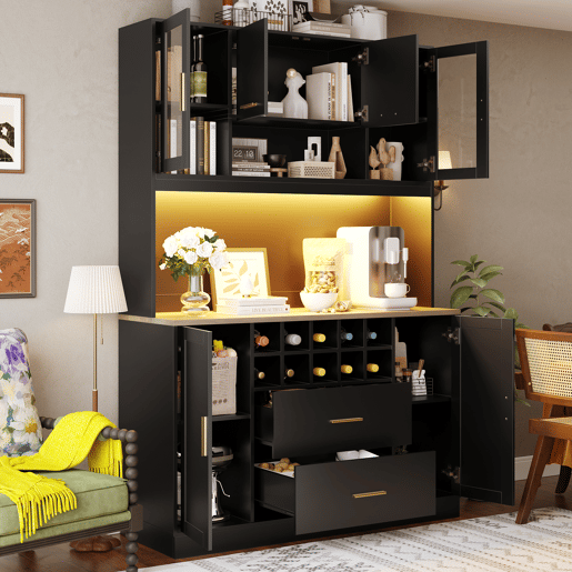 Armário de cozinha de mdf com 6 portas,2 gavetas e luz led,preto Armário de cozinha de mdf com 6 portas,2 gavetas e luz led,preto
