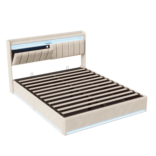 Cama 140 x 200 cm estofada, luzes LED, portas USB e espaço de armazenamento. Cama 140 x 200 cm estofada, luzes LED, portas USB e espaço de armazenamento.