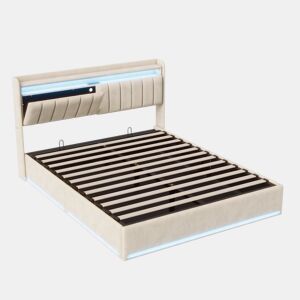 Cama 140 x 200 cm estofada, luzes LED, portas USB e espaço de armazenamento.