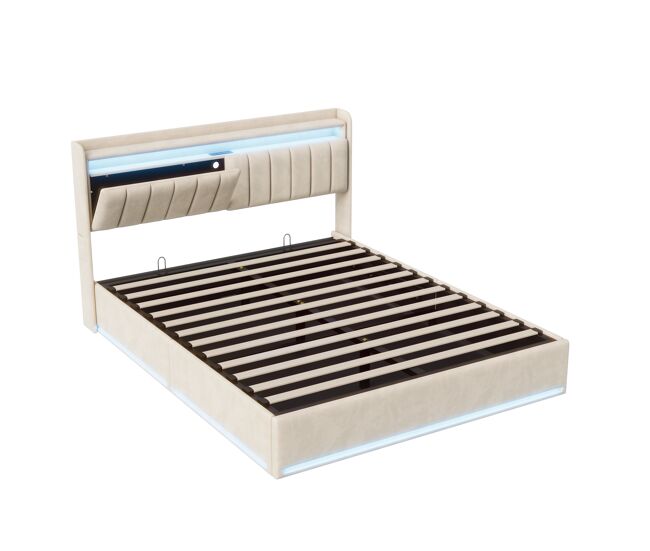 Cama tapizada (140 x 200 cm) con luces led, puertos usb y espacio de almacenamiento
