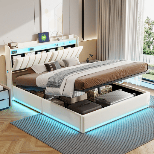 Cama 140 x 200 cm estofada, luzes LED, portas USB e espaço de armazenamento. Cama 140 x 200 cm estofada, luzes LED, portas USB e espaço de armazenamento.