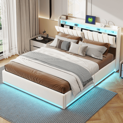 Cama 140 x 200 cm estofada, luzes LED, portas USB e espaço de armazenamento. Cama 140 x 200 cm estofada, luzes LED, portas USB e espaço de armazenamento.
