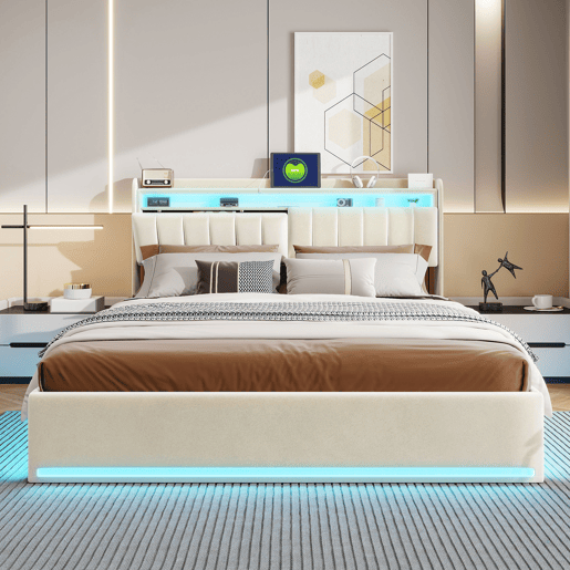 Cama 140 x 200 cm estofada, luzes LED, portas USB e espaço de armazenamento. Cama 140 x 200 cm estofada, luzes LED, portas USB e espaço de armazenamento.