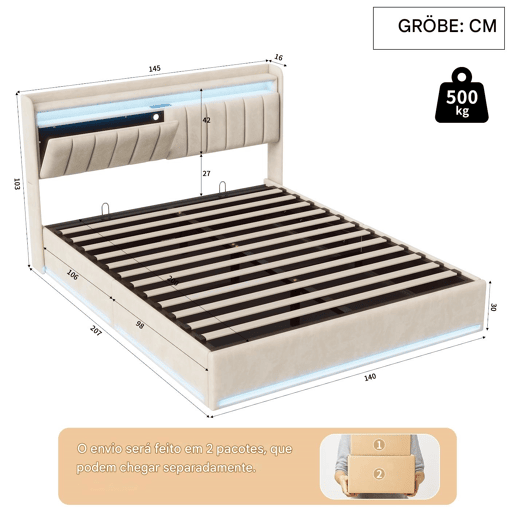 Cama 140 x 200 cm estofada, luzes LED, portas USB e espaço de armazenamento. Cama 140 x 200 cm estofada, luzes LED, portas USB e espaço de armazenamento.