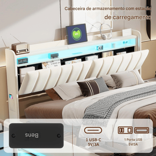 Cama 140 x 200 cm estofada, luzes LED, portas USB e espaço de armazenamento. Cama 140 x 200 cm estofada, luzes LED, portas USB e espaço de armazenamento.
