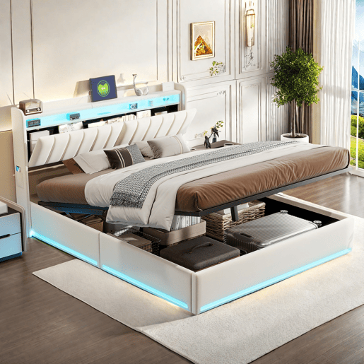 Cama 140 x 200 cm estofada, luzes LED, portas USB e espaço de armazenamento. Cama 140 x 200 cm estofada, luzes LED, portas USB e espaço de armazenamento.