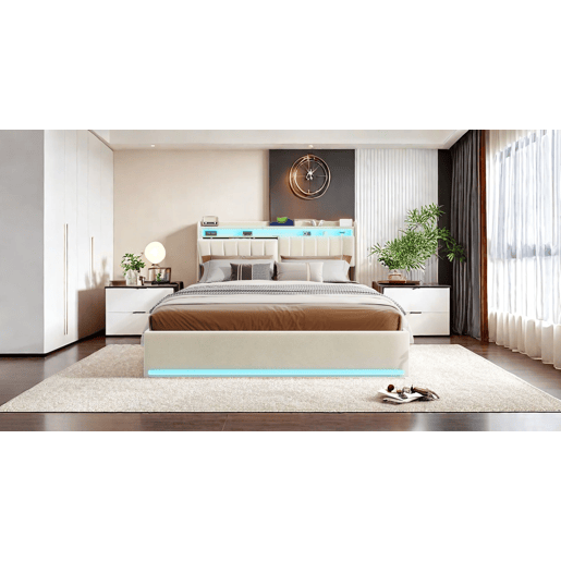 Cama 140 x 200 cm estofada, luzes LED, portas USB e espaço de armazenamento. Cama 140 x 200 cm estofada, luzes LED, portas USB e espaço de armazenamento.