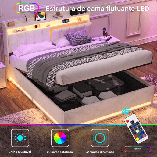 Cama 140 x 200 cm estofada, luzes LED, portas USB e espaço de armazenamento. Cama 140 x 200 cm estofada, luzes LED, portas USB e espaço de armazenamento.