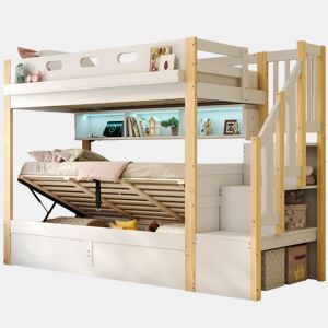 Beliche de madeira de pinho 90x200 cm com armazenamento e luz led,natural+branco
