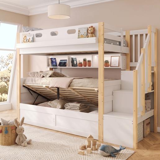 Beliche de madeira de pinho 90x200 cm com armazenamento e luz led,natural+branco Beliche de madeira de pinho 90x200 cm com armazenamento e luz led,natural+branco