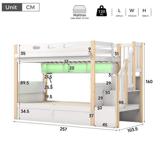 Beliche de madeira de pinho 90x200 cm com armazenamento e luz led,natural+branco Beliche de madeira de pinho 90x200 cm com armazenamento e luz led,natural+branco