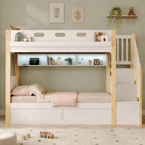Beliche de madeira de pinho 90x200 cm com armazenamento e luz led,natural+branco Beliche de madeira de pinho 90x200 cm com armazenamento e luz led,natural+branco
