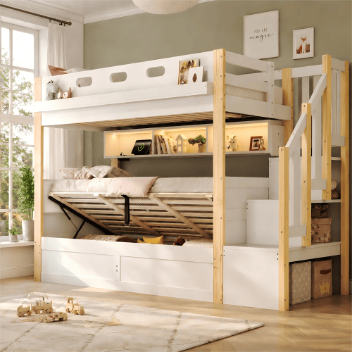 Beliche de madeira de pinho 90x200 cm com armazenamento e luz led,natural+branco Beliche de madeira de pinho 90x200 cm com armazenamento e luz led,natural+branco