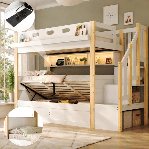 Beliche de madeira de pinho 90x200 cm com armazenamento e luz led,natural+branco Beliche de madeira de pinho 90x200 cm com armazenamento e luz led,natural+branco