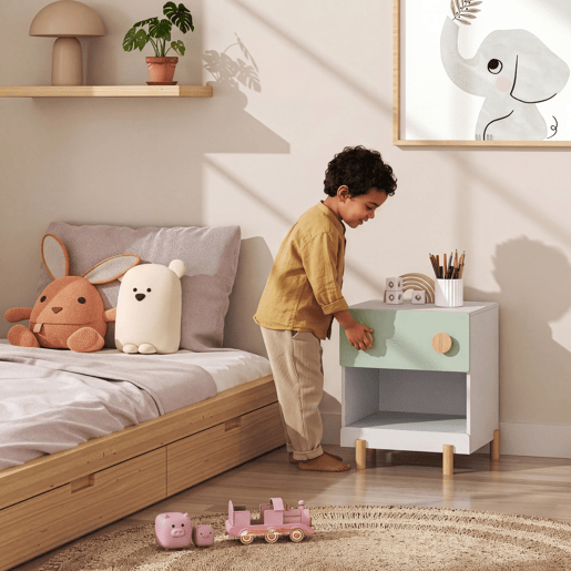 Mesa de cabeceira infantil Vaarentaa 2 gavetas + 1 compartimento 47x40x35 cm BrancoVerde en.casa