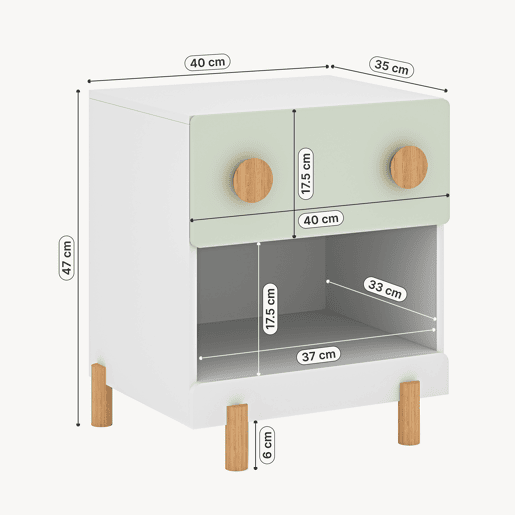 Mesa de cabeceira infantil Vaarentaa 2 gavetas + 1 compartimento 47x40x35 cm BrancoVerde en.casa