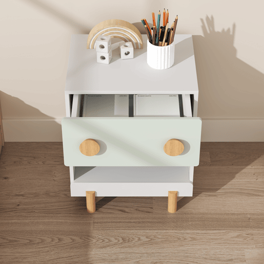 Mesa de cabeceira infantil Vaarentaa 2 gavetas + 1 compartimento 47x40x35 cm BrancoVerde en.casa